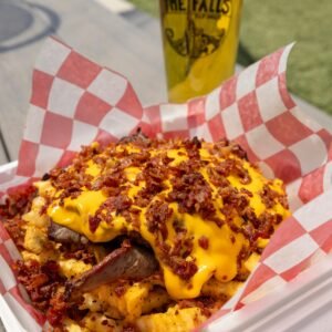 Delicious loaded cheese fries with bacon on a picnic table, paired with a refreshing beer in a sunny outdoor setting.